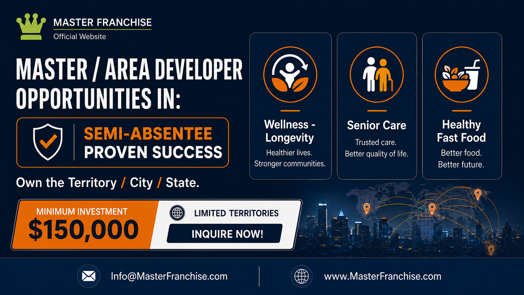 Master Franchise area developer program featuring wellness, senior care, and healthy food franchise opportunities with protected territories.