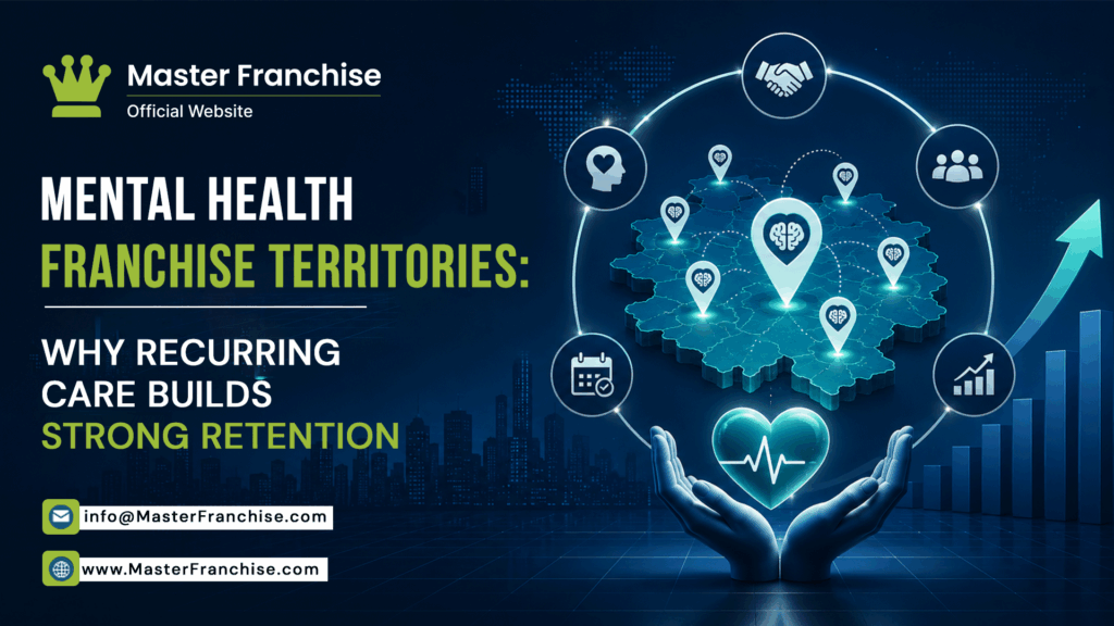 Mental health franchise territories with a glowing map, location pins, hands holding a heart with an ECG line, and text about recurring care building strong retention.