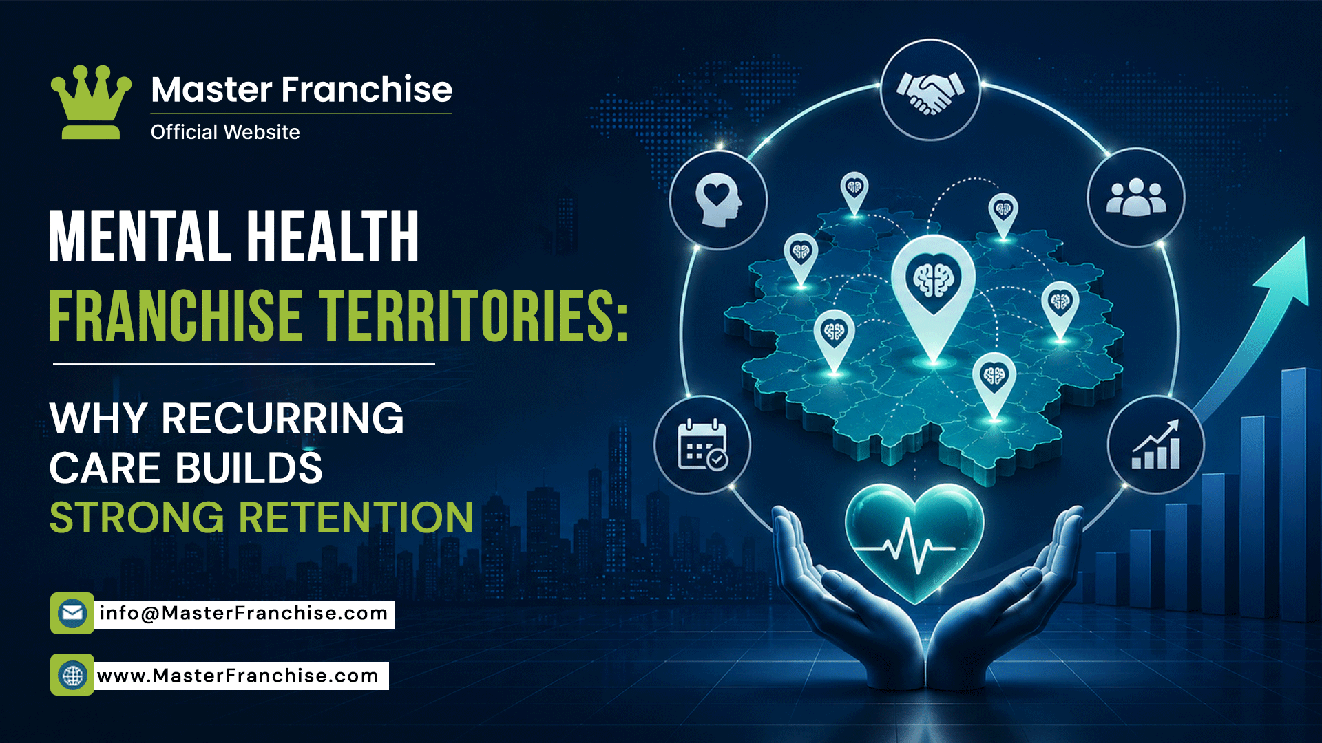 Mental health franchise territories with a glowing map, location pins, hands holding a heart with an ECG line, and text about recurring care building strong retention.